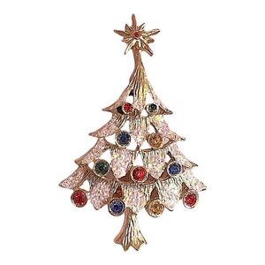 Vintage 1950s Christmas Tree Brooch Rhinestone Glitter Goldtone 2.25”